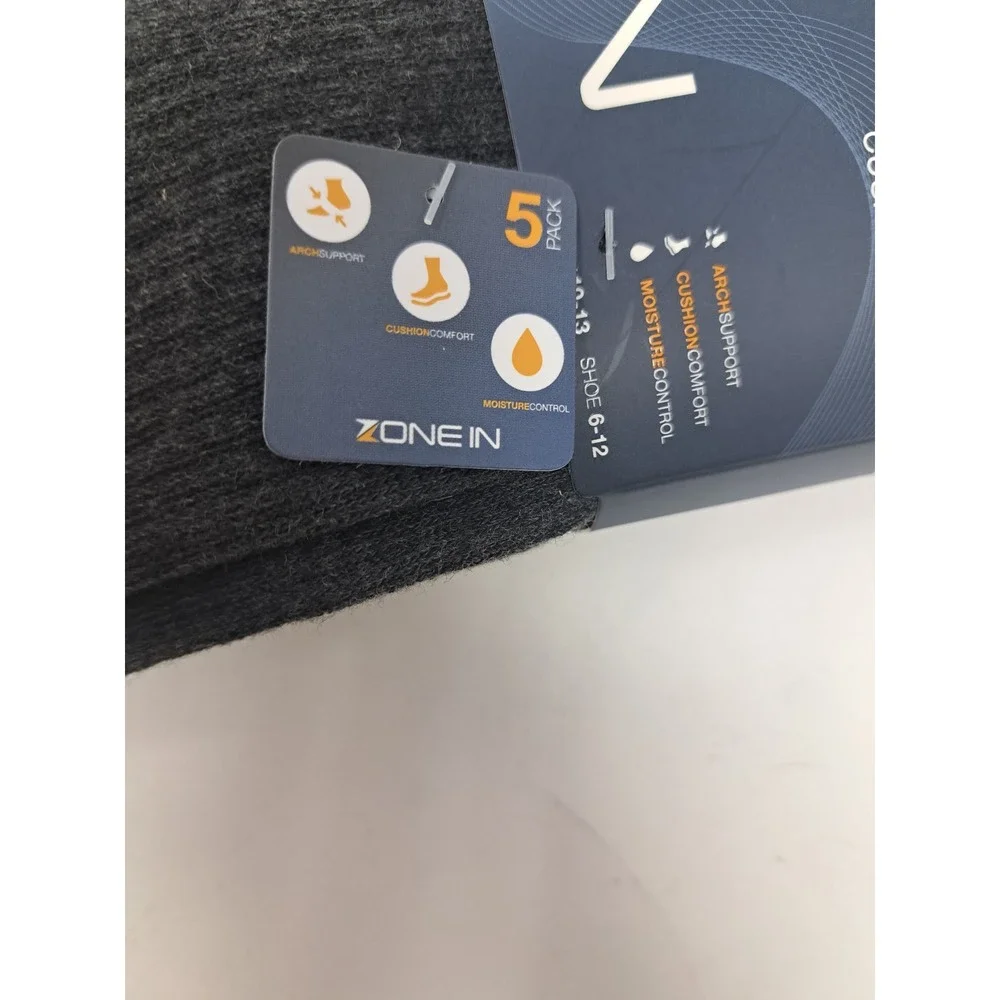 Zone In Mens 5 Pack Cushion Crew Athletic Performance Gray Socks 10-13 Shoe 6-12